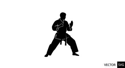Obraz premium Karate fighter silhouette, martial arts pose, black and white, isolated on white