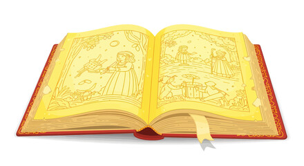Fototapeta premium Open Storybook with Fairy Tale Illustrations, Glowing Pages and Red Cover