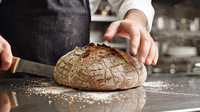Chef Slicing Freshly Baked Sourdough Bread in Kitchen.