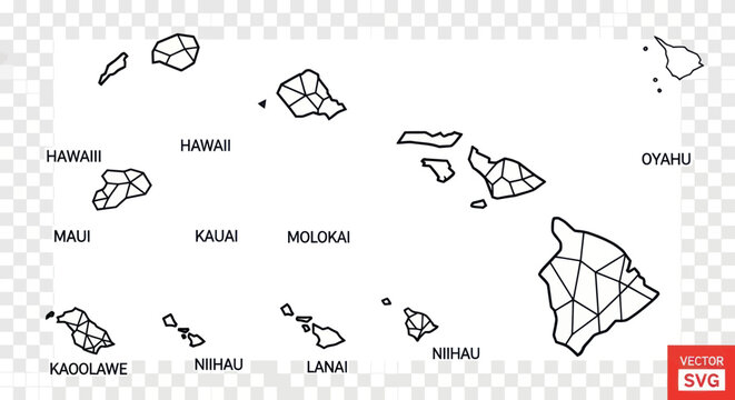 Outline map of Hawaiian Islands with names, isolated on transparent background