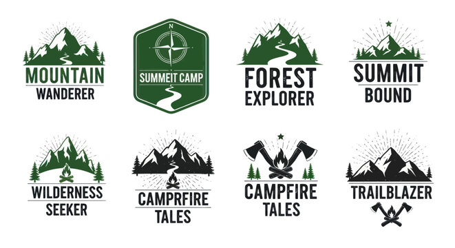 Outdoor Adventure Emblems: Mountains, Camping, Hiking, Exploration, Nature