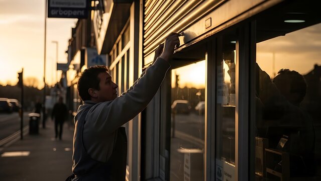 Person is closing the metal roller shutter of a shop as the sun sets, casting a warm glow.