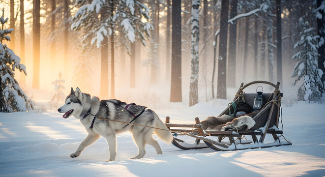 Majestic Siberian Husky pulling a wooden sleigh through a snow covered forest during winter with sunlight filtering through tall trees Emoji