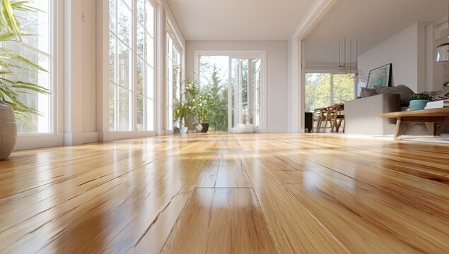 Bright, sunlit room with polished wood floors and large windows