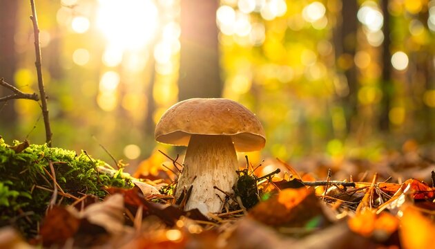 Mushroom in autumn forest, backlit by bright sunshine; leaves, moss, and twigs on ground