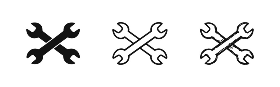 Crossed Wrenches Icons Set. Repair, Tool and Maintenance Symbol Collection.