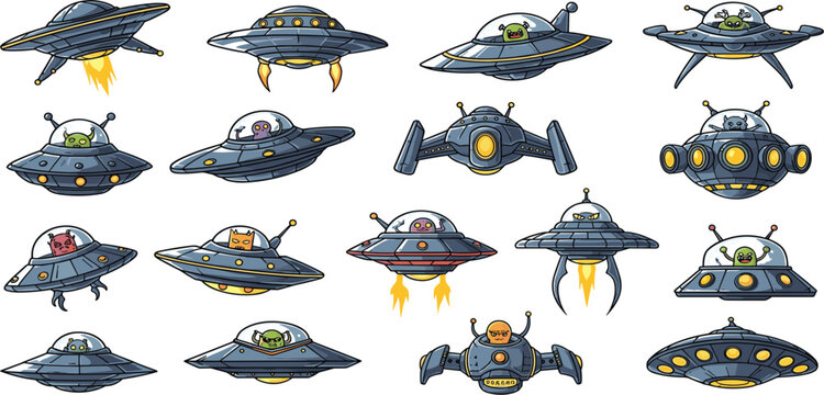 Cartoon UFO Spaceship Set with Aliens in Flying Saucers, Futuristic Spacecraft Collection for Sci Fi Illustration, Game Design and Kids Fantasy Graphics