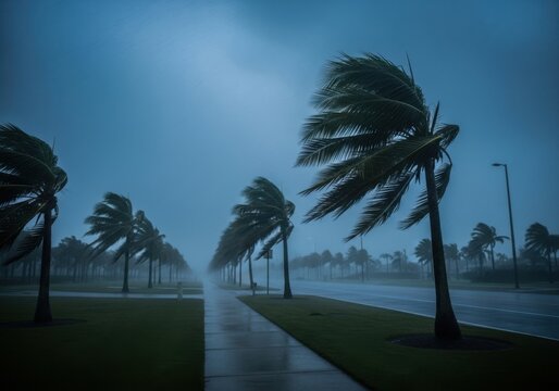 Palm trees bending under the intense and powerful winds of a tropical storm hitting the coastline