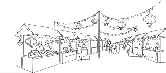 Fototapeta premium outdoor market stalls with people and decorations