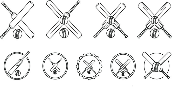Cricket Bat and Ball Outline Logo Set with Crossed Bats and Circular Emblems for Sports Branding, Club Identity and Minimal Line Design