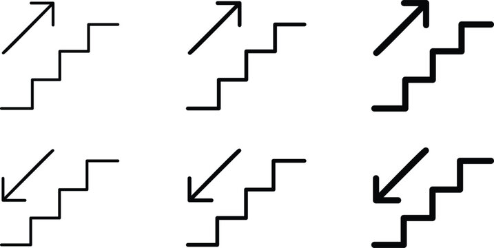 Minimalist stairs icon set with up and down arrows, black line staircase symbols in various stroke weights, career growth and progress vector elements