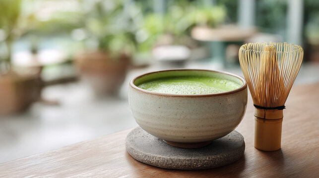Ceramic bowl of freshly prepared matcha green tea with a bamboo whisk resting on a rustic wooden table in a serene cafe setting featuring soft natural lighting and a blurry green garden background