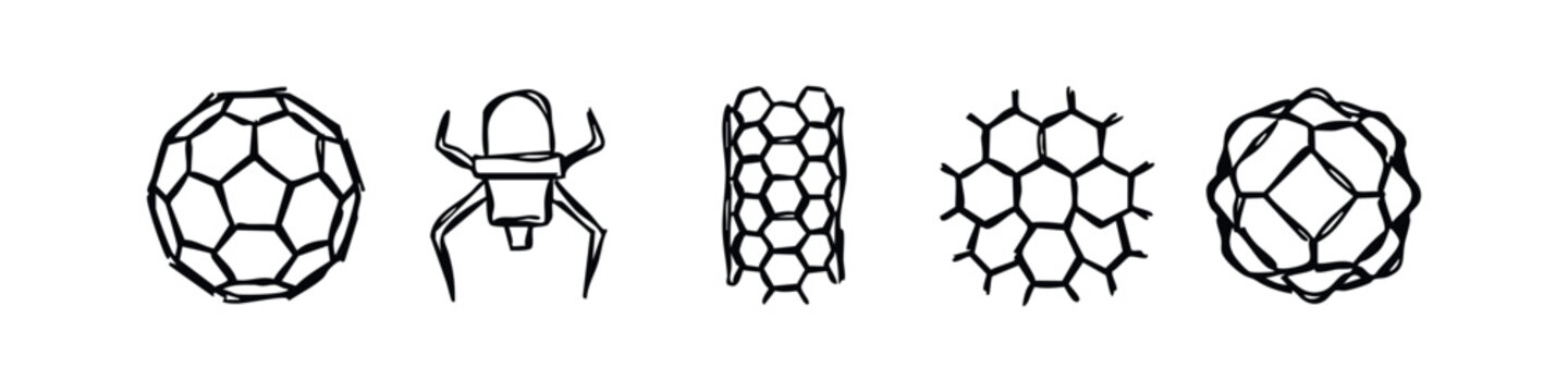 Hand Drawn Carbon Allotrope and Nanomaterial Doodle Icons Set