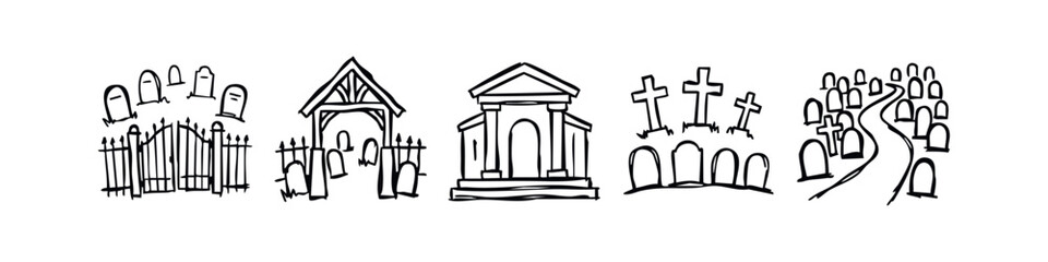 Obraz premium Hand drawn cemetery, funeral and burial doodle icons set