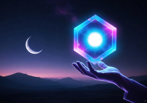 A surreal digital artwork of a glowing geometric cube floating above a human hand at twilight.