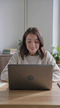 Young woman using laptop for telehealth appointment at home, vertical footage