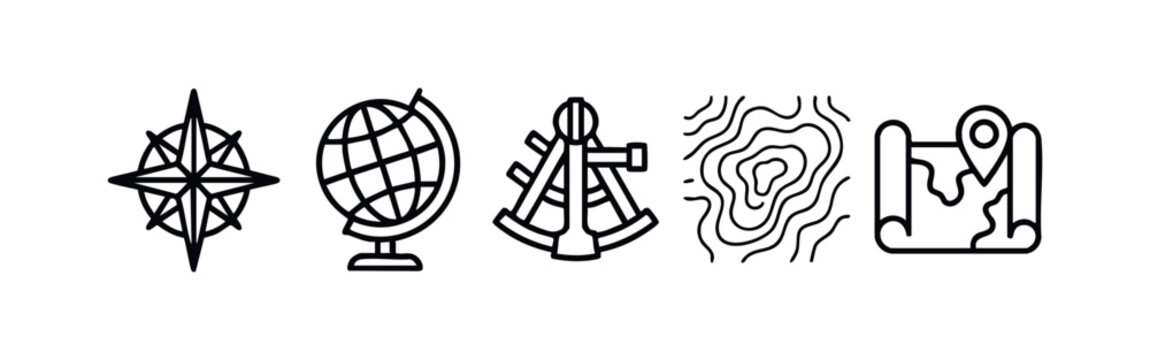 Navigation and Geography Line Icons Set on White Background. Compass, Globe, Sextant, Topographic Map.