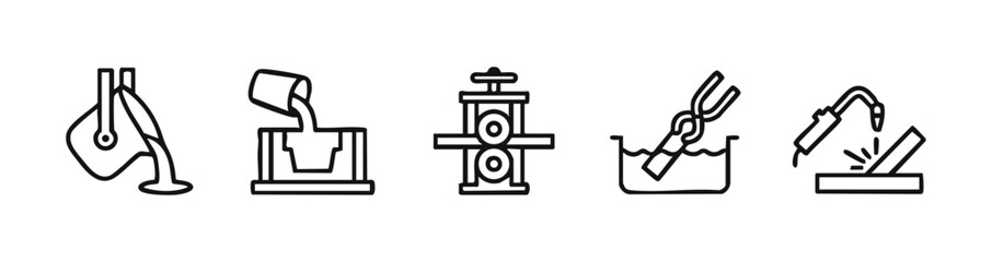 Elegant metallurgy and metalworking process outline icon set. Clean line art illustrations on white background. © liubomir118809
