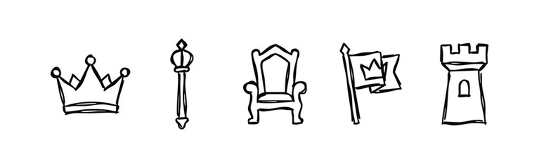 Naklejka premium Hand drawn doodle style royalty and medieval icon set. Black outline illustrations on white background.