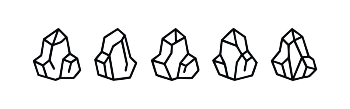 Elegant crystal and gem stone outline icon set. Clean line art illustrations on white background.