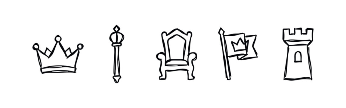 Hand drawn doodle style royalty and medieval icon set. Black outline illustrations on white background.