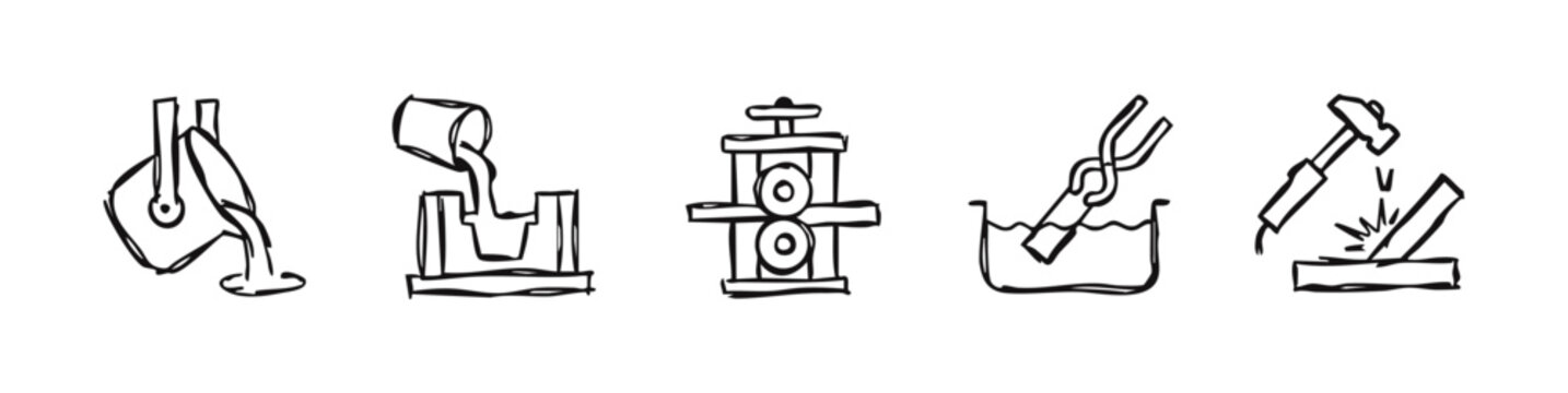 Hand drawn doodle style metallurgy and metalworking process icon set. Black outline illustrations.