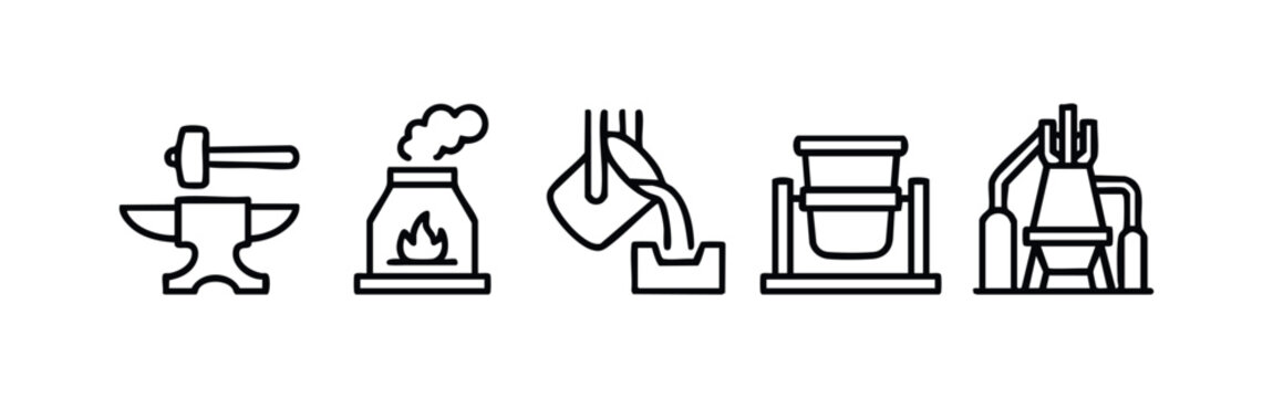 Elegant blacksmith and foundry industry outline icon set. Clean line art illustrations on white background.