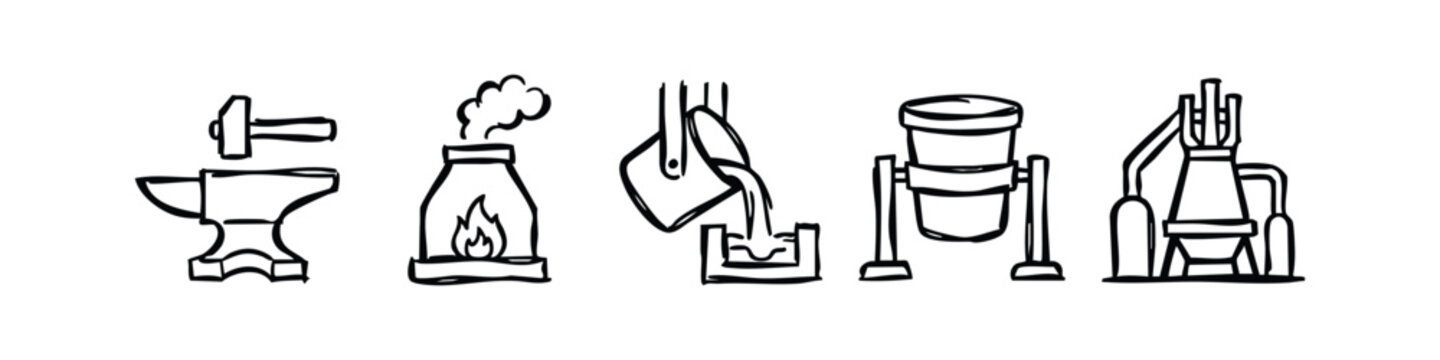 Hand drawn doodle style blacksmith and foundry industry icon set. Black outline illustrations.