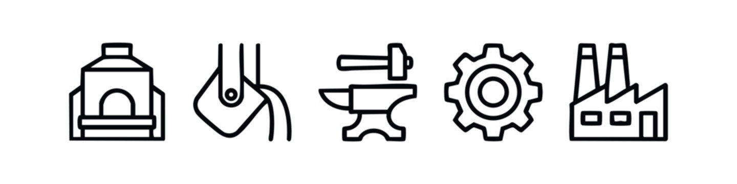 Industrial and metallurgy icons set. Outline style factory, furnace, anvil and gear symbols.