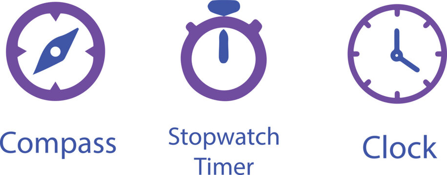 Flat Time and Navigation Icon Set Featuring Compass Stopwatch Timer and Clock Vector Design