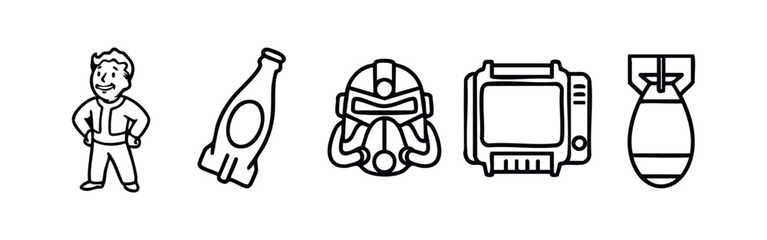 Clean Line Art Icons of Post-Apocalyptic Video Games - Fallout Inspired Characters and Items Vector Set © liubomir118809