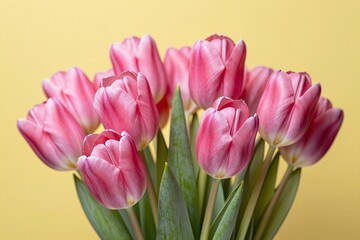Fototapeta premium A bunch of pink tulips on a yellow background