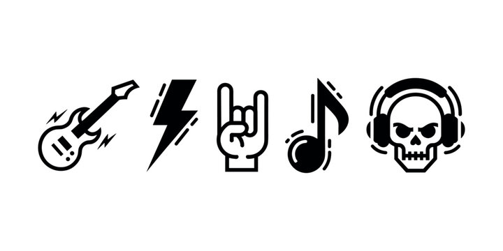 Rock Music Icons Set Electric Guitar Lightning Bolt Hand Gesture Note Skull Headphones Vector