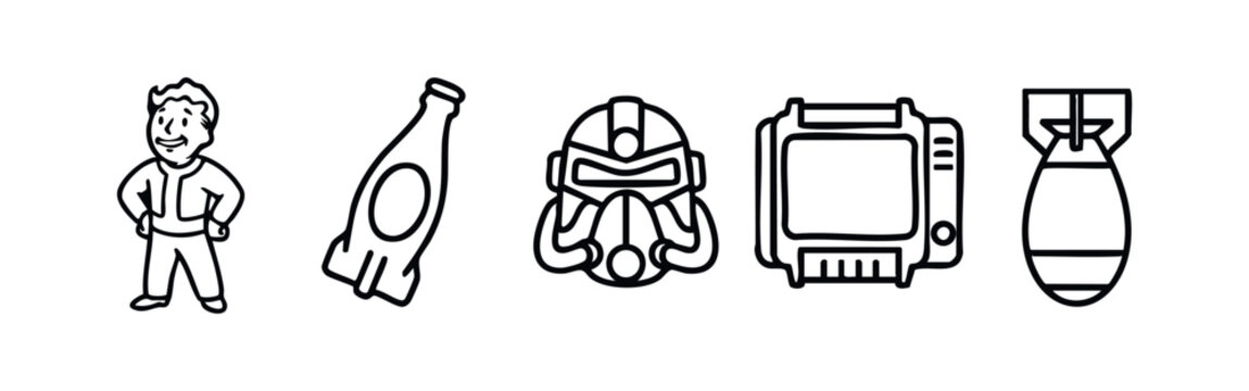 Clean Line Art Icons of Post-Apocalyptic Video Games - Fallout Inspired Characters and Items Vector Set