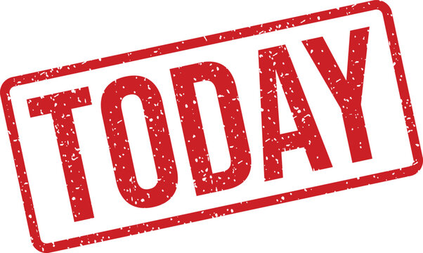 Grungy red rectangular stamp with the word TODAY prominently displayed on a clean white surface