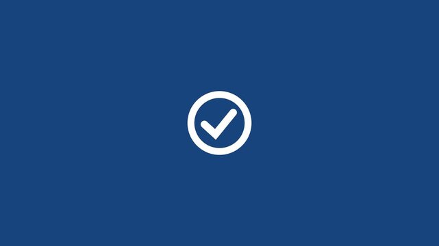 White check mark icon.Animated check mark icon in white against dark blue background for positive affirmations and approved actions. Motion graphics of verified concept