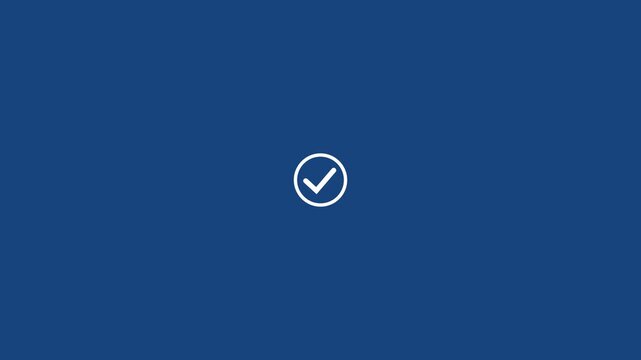 White check mark icon.Animated check mark icon in white against dark blue background for positive affirmations and approved actions. Motion graphics of verified concept