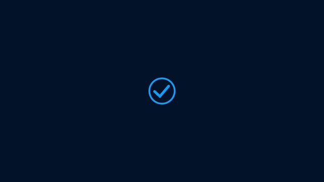 White check mark icon.Animated check mark icon in white against dark blue background for positive affirmations and approved actions. Motion graphics of verified concept