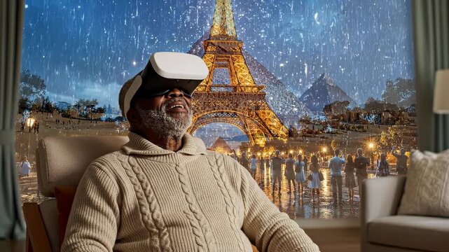 Elderly man seated in a living room wearing a virtual reality headset, experiencing immersive travel from sunlit Egyptian pyramids to a rainy Eiffel Tower night.