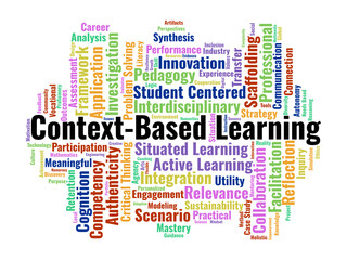 Fototapeta premium Context-Based Learning Word Cloud. A Visual Summary Of Instructional Strategies Focusing On Real~World Application, Interdisciplinary Integration, And Situated Cognition For Educators.