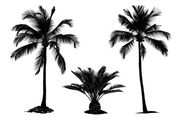 Obraz premium Tropical silhouette tree set including palm and sago palms isolated on transparent background