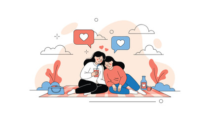 Obraz premium Romantic female couple enjoying a peaceful picnic on a blanket outdoors under a soft sunset sky with heart symbols.