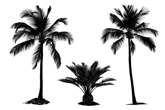 Tropical silhouette tree set including palm and sago palms isolated on transparent background