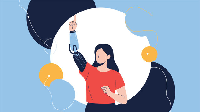 Inspiring young woman with bionic prosthetic arm pointing upwards confidently against modern abstract background.
