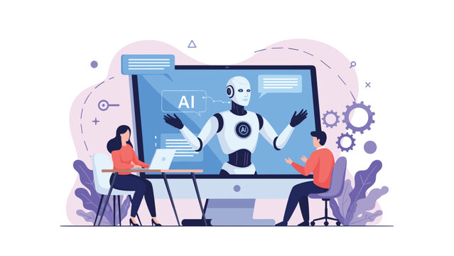 Group of business professionals interacting with a futuristic humanoid ai robot on a large digital screen in office.