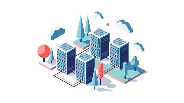 Modern data center servers located in a sustainable green environment with trees and clouds representing green technology and cloud computing.