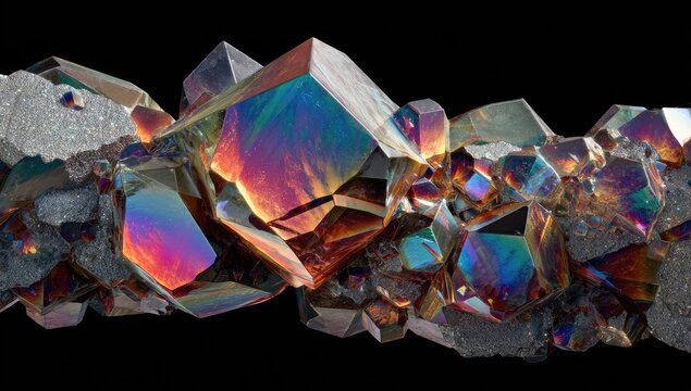 Iridescent geometric crystal cluster with metallic sheen