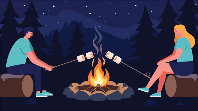 Romantic couple roasting marshmallows over a warm campfire in a tranquil pine forest under a beautiful starry night sky.