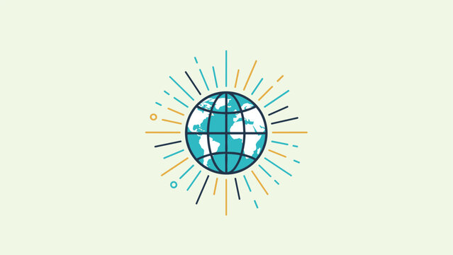 Simple and clean icon of a blue and white world globe with radiant lines emanating from it on a soft light green background.
