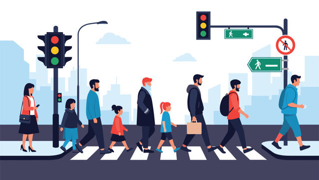 Diverse group of people of various ages walking across city pedestrian crosswalk near traffic lights and road signs.